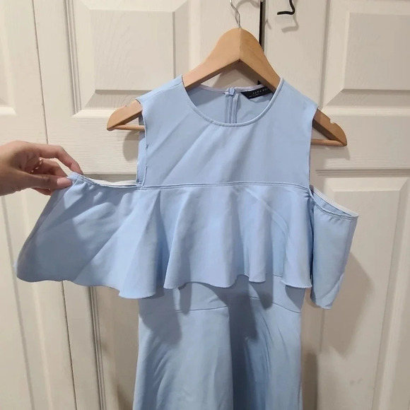 Zara Women's Cold Shoulder Ruffle Skater Mini Dress‎ Fit and Flare Blue Small - Picture 4 of 12
